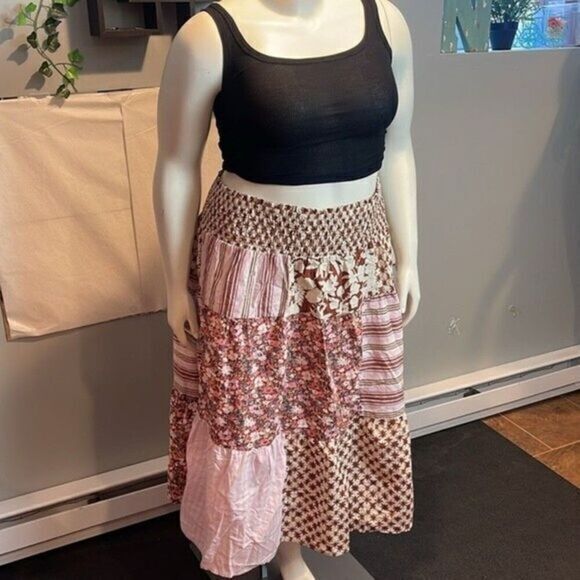 Universal Thread Patchwork Broomstick Skirt 2X Pink Brown 100%‎ Cotton - Picture 1 of 7